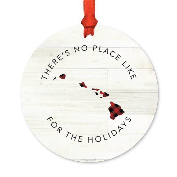 US State Round Metal Christmas Ornament, Red Plaid on Light Rustic Wood, Hawaii, Includes Ribbon and Gift Bag
