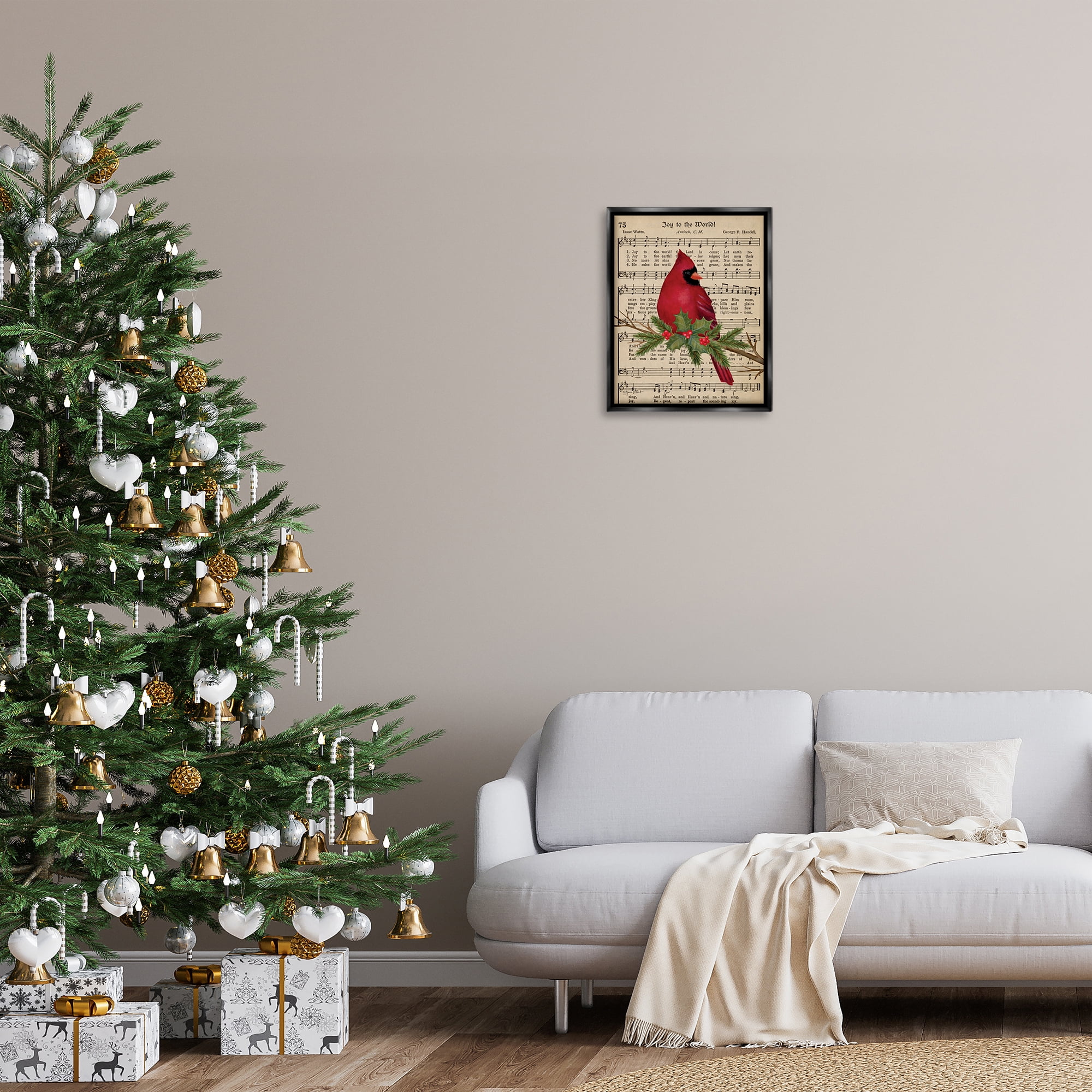 Stupell Industries Cardinal on Holiday Music Holiday Painting Black Floater Framed Canvas Art Prints Wall Art, 17 x 21