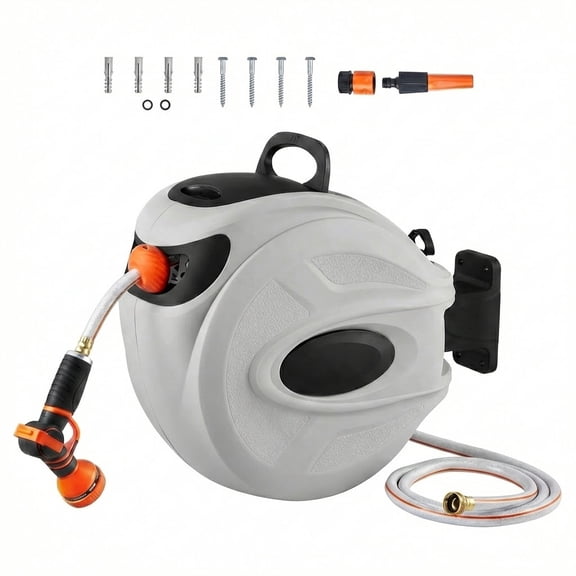Retractable Hose Reel, 65 ft x 5/8 inch, 180° Swivel Bracket Wall-Mounted, Garden Water Hose Reel with 9-Pattern Nozzle, Automatic Rewind, Lock at Any Length, and Slow Return System