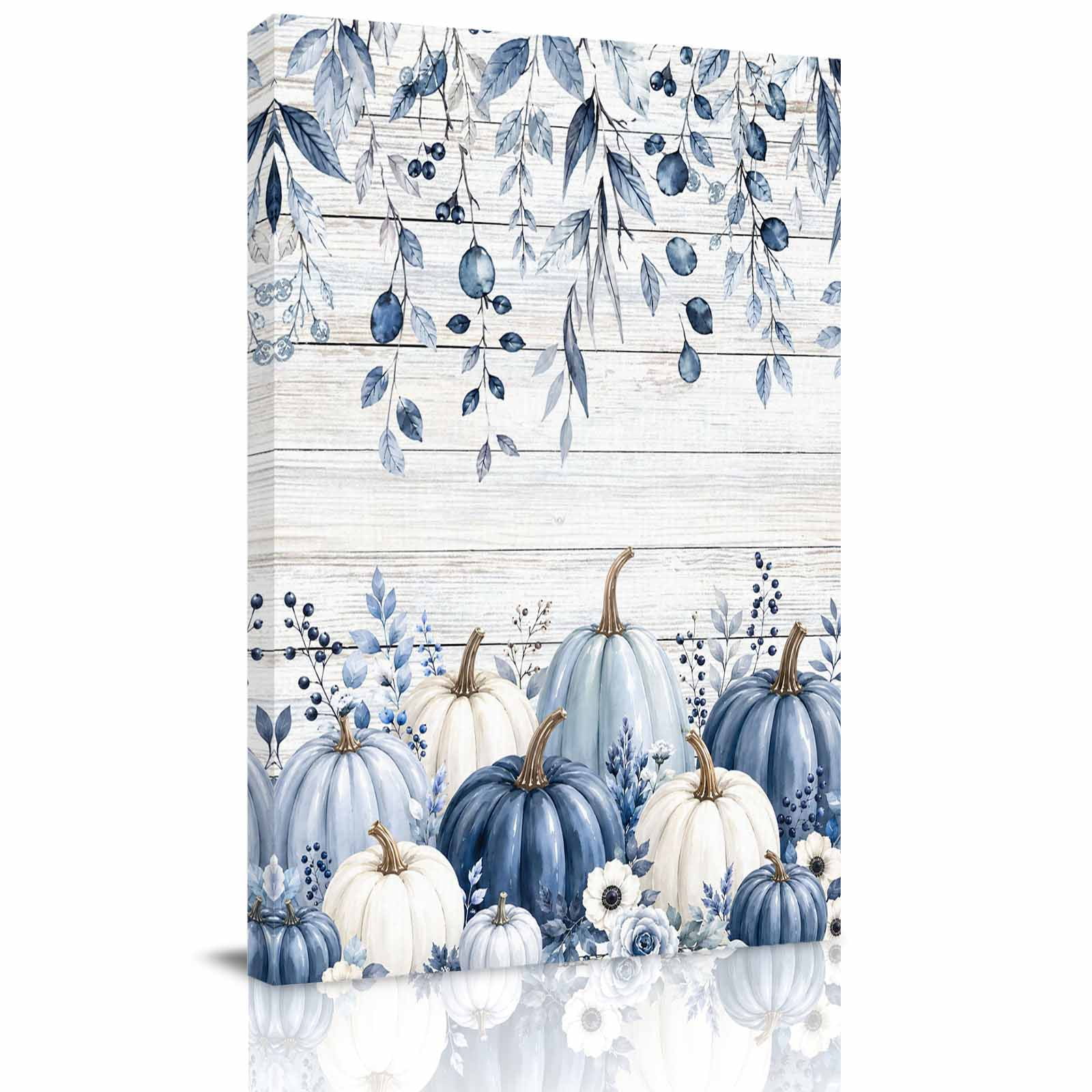 Canvas Wall Art Thanksgiving Blue Pumpkins Framed Canvas Prints for Hallway Living Room Fall Eucalyptus Farmhouse Wooden Extra Large Gallery Wrapped Wall Decor for Home Office Gifts 20 x30