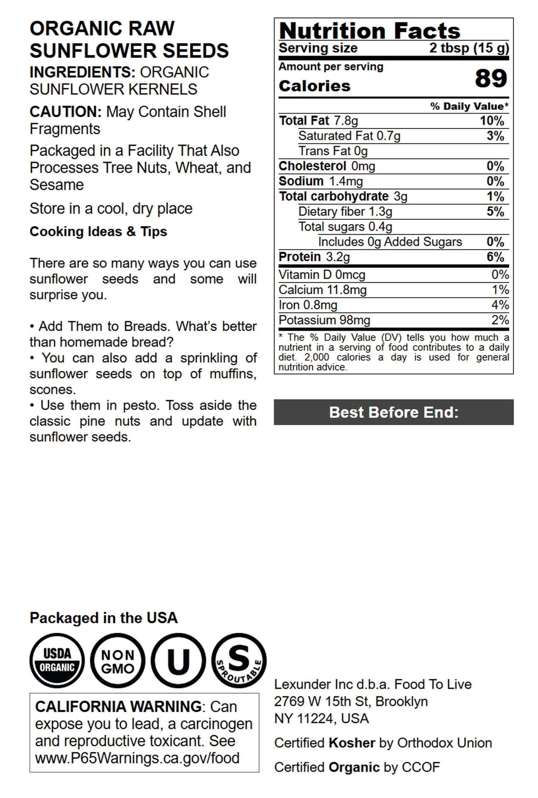 Food to Live, Organic Raw Sunflower Seeds, 8 Pounds, Non-GMO, Raw, Kosher