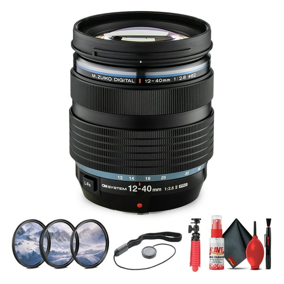OM SYSTEM M.Zuiko Digital ED 12-40mm f/2.8 PRO II Lens (V335030BW000) Bundle Including: 3 Piece Filter Kit, Flexible Tripod, Cap Keeper, Full Cleaning Kit