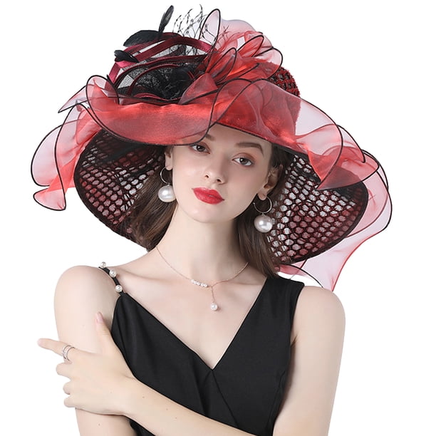 Txlixc Sombrero de mujer elegante tela de malla plegada con flores adornadas con cornisa ancha Txlixc moda