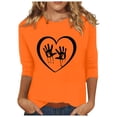 thumbnail image 1 of Dadaria T-Shirt Orange pour Femmes Manches 3/4 Col Rond Grande Taille Été Imprimés Mains Chandail Blouses S, 1 of 5
