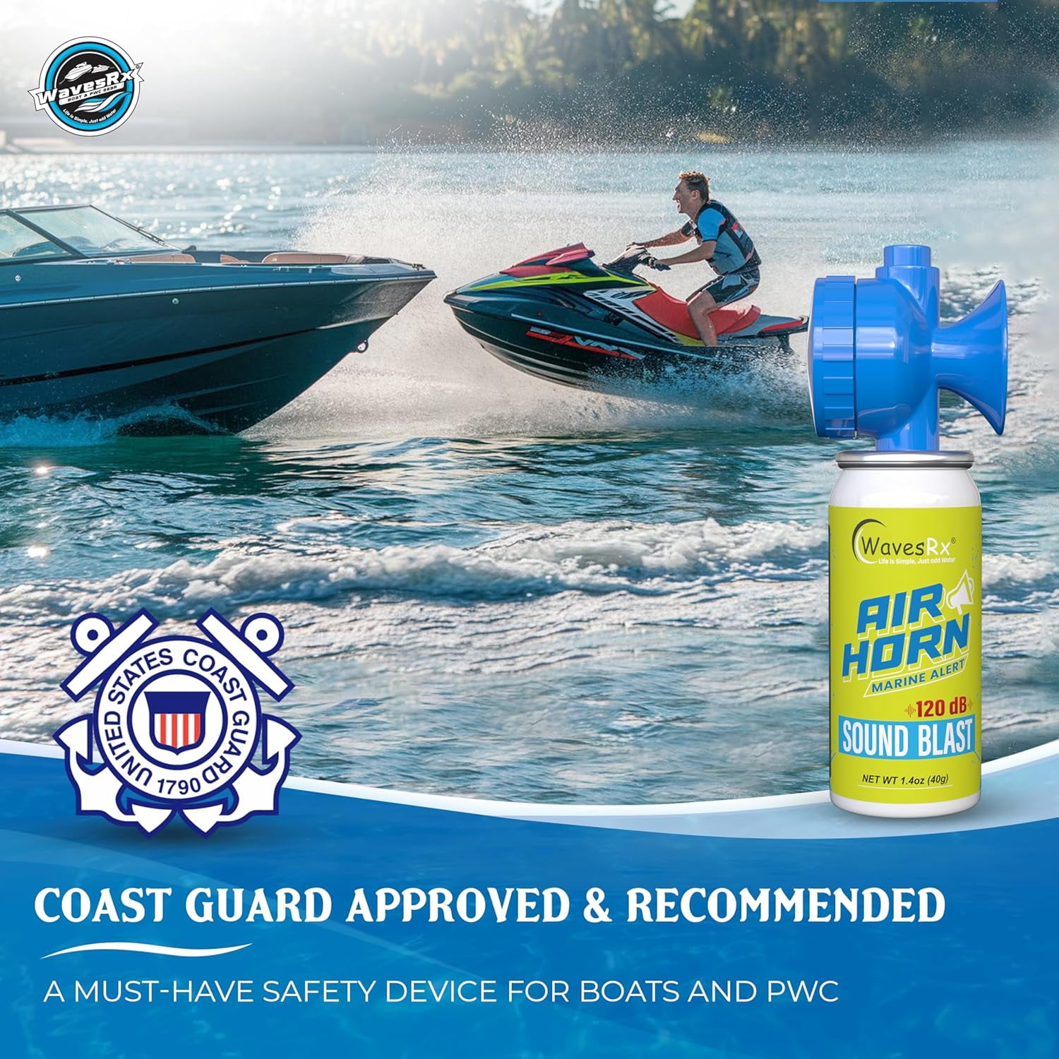 WavesRx Marine Air Horn – Coast Guard Approved Boat Horn for Safety & Fog Alerts | Loud 120 dB Sound Blast Reaches ½ Mile