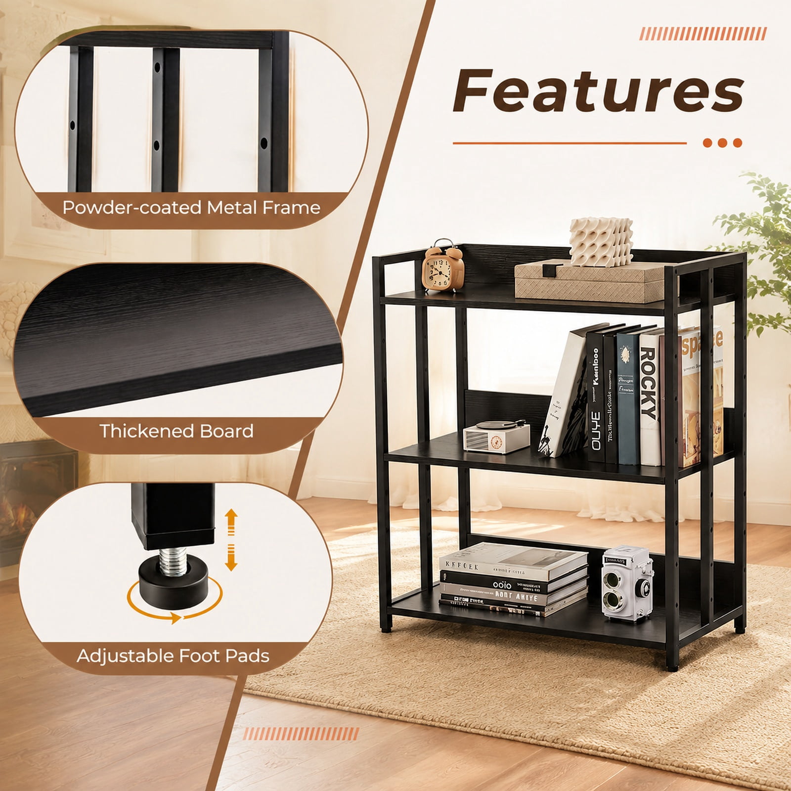 Furnibear 3-Tier Corner Bookshelf with Adjustable Shelves and Anti-Toppling Device for Study for Living Room Home Office Bedroom Display, Black