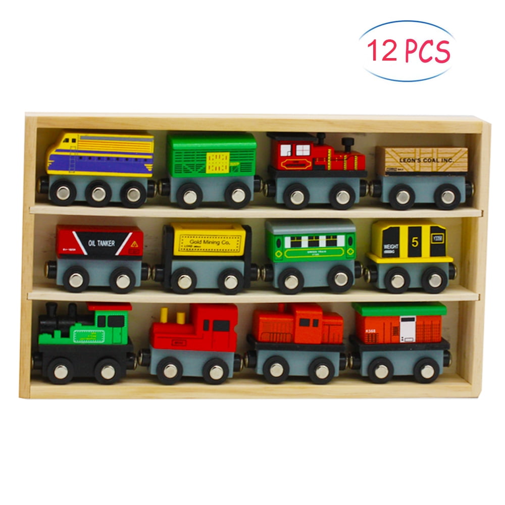 Wooden Train Set 12 PCS Magnetic Engines Deluxe Toys for Kids Toddler Boys Girls 