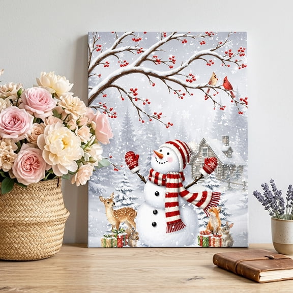 Canvas Wall Art, Christmas Snowman Framed Canvas Prints for Living Room Bedroom, Snowflake Forest Xmas Cardinal Birds Berries Gallery Wrapped Wall Decor for Home Office, Gifts, 12"x16" Ship Next Day