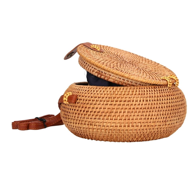 Bolso redondo tejido a mano, bolso de ratán hecho a mano, bolso de hombro tejido a mano, bolso hecho a mano de primera calidad