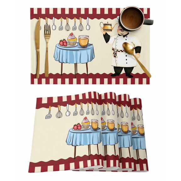 Placemats Set of 8, Chef Woven Placemat, Linen Place Mats for Kitchen/Dining Tables, Red Fruit Cake Hat Kitchen Gourmet Vintage Washable Table Mats for Party