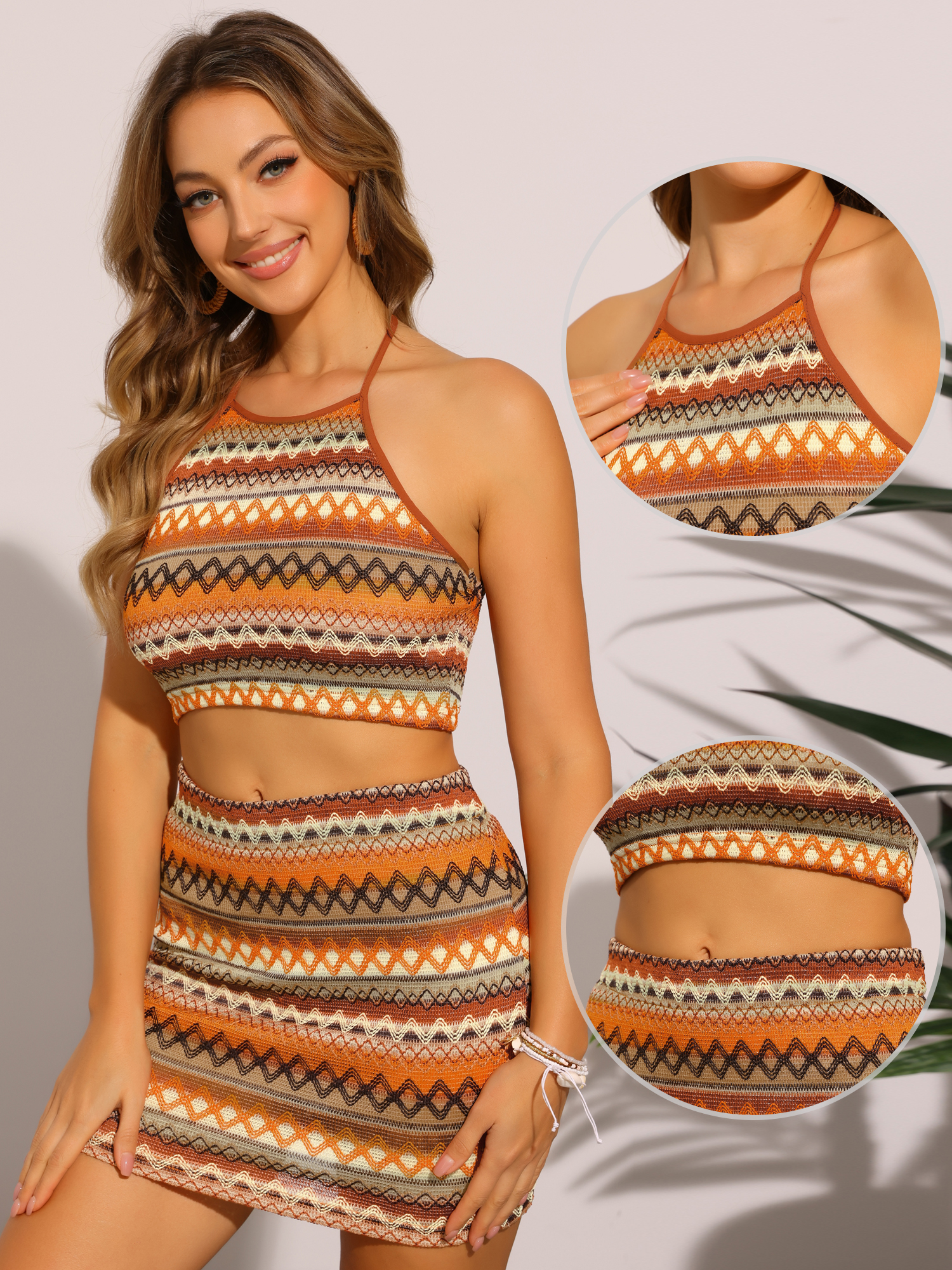 DARING DIVA Women's 2 Pcs Beach Outfits Geometric Stripes Halter Crop Tops XL Orange