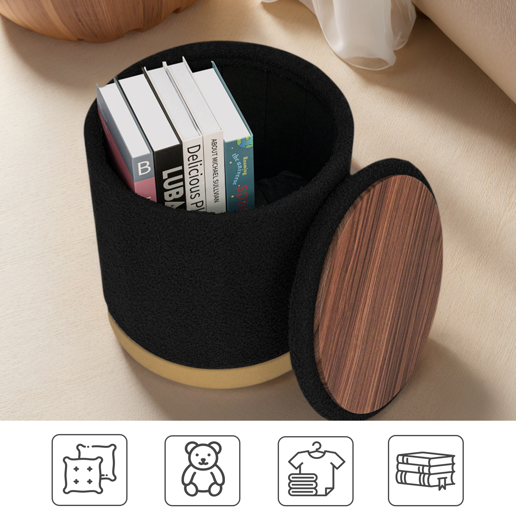 PINPLUS Round Storage Ottoman with Tray Gold Edge Stool Leg Folding Foot Rest for Living Room Black,Sherpa Fabric