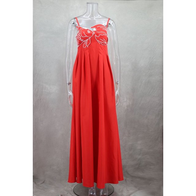 RWJDXD Été 2024 Nouvelle Mode Chic Sans Manches en Forme de Poisson Rouge Soutien-Gorge Robe Longue à Bretelles Chic Sans Manches Dos Nu Robes Plissées Amples Bon