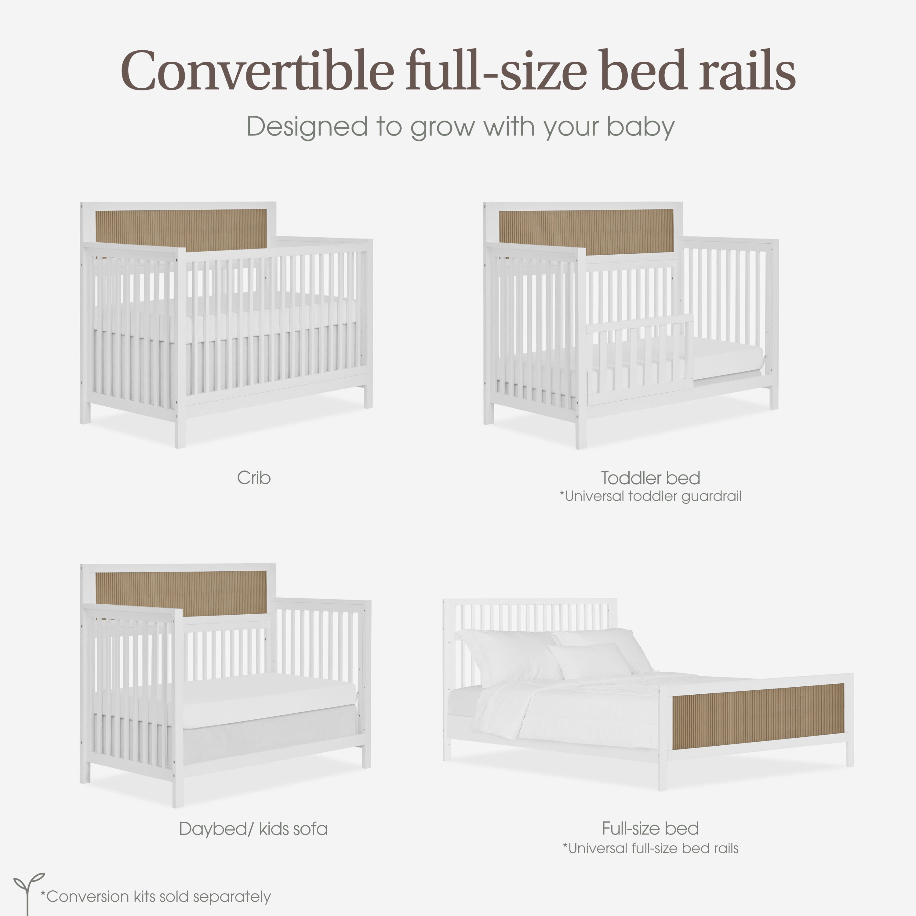 Evolur KD Convertible Crib Wooden Full Size Bed Rail, White