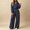 Navy, variant on Women Solid Casual 2 Piece Outfit, Long Sleeve Hooded Sweatshirt & High Waist Wide Leg Pants Loose Lounge Tracksuit Set for Daily Wear Black XL(XL)
