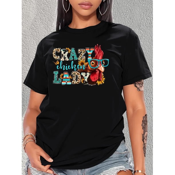 Women's Funny "Crazy Chicken Lady" Glasses & Leopard Print Lettering Casual Round Neck Short Sleeve T-Shirt
