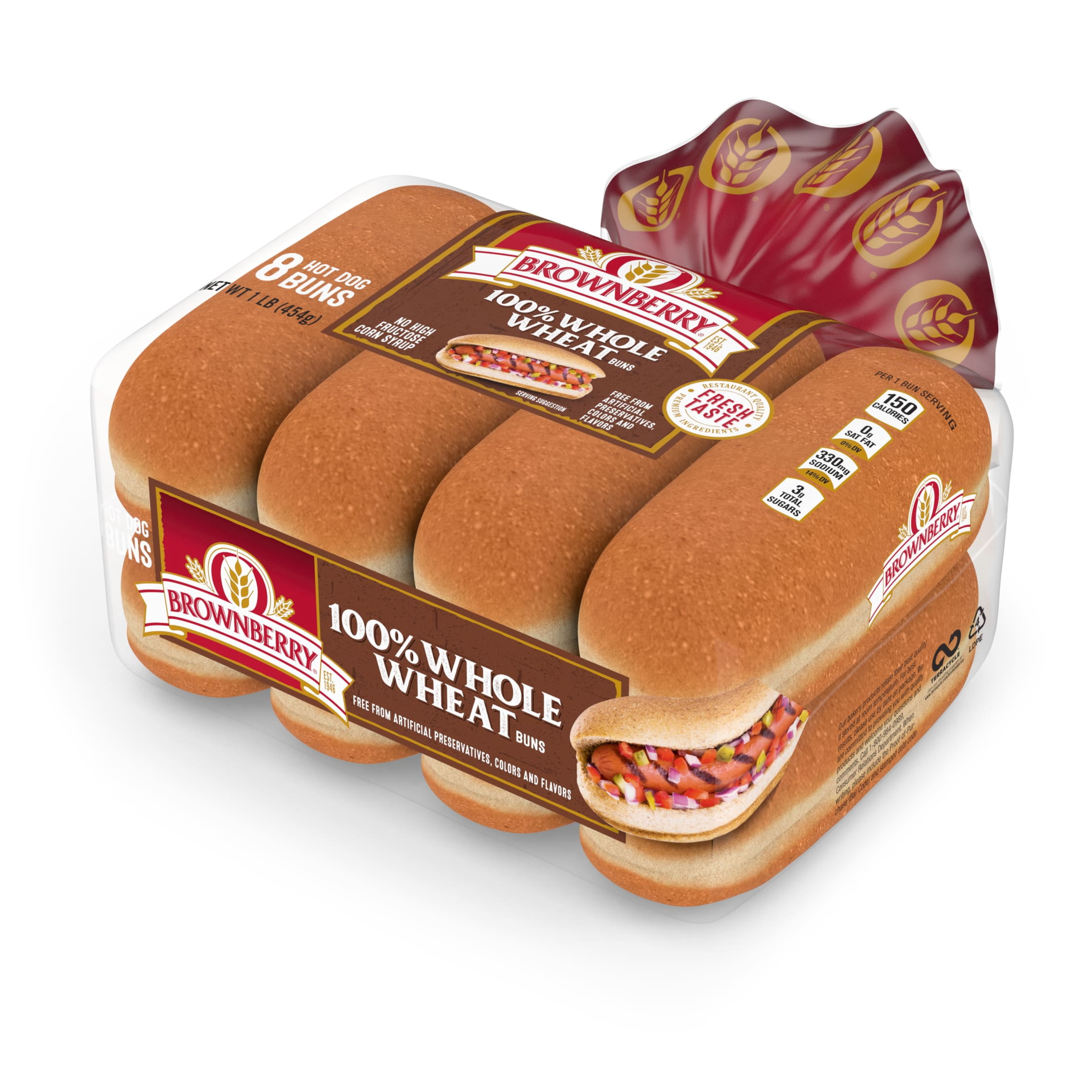 Brownberry 100% Whole Wheat Hot Dog Buns, 8 count, 16 oz