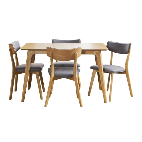 GDF Studio Meanda Mid Century 5 Piece Wood Dining Set with Fabric Chairs, Natural Oak and Dark Grey