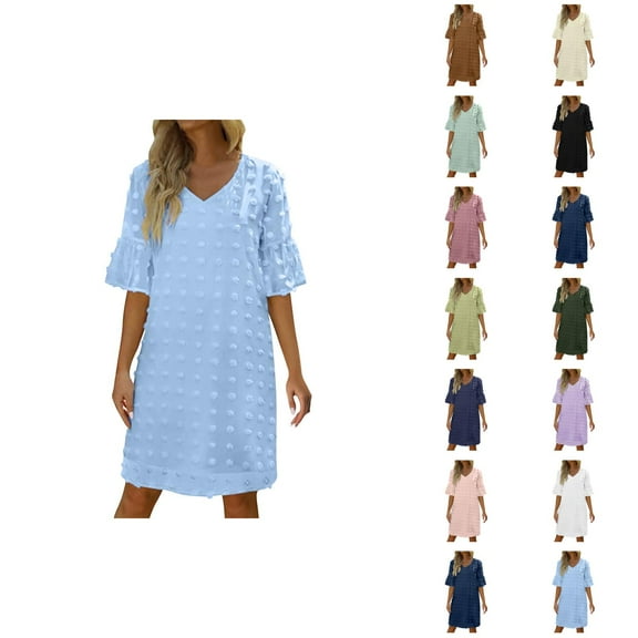 Tshirt Dress Women Summer Chiffon Short Sleeve V Neck Polka Dot Casual Mini Dresses T Shirt Dresses for Women