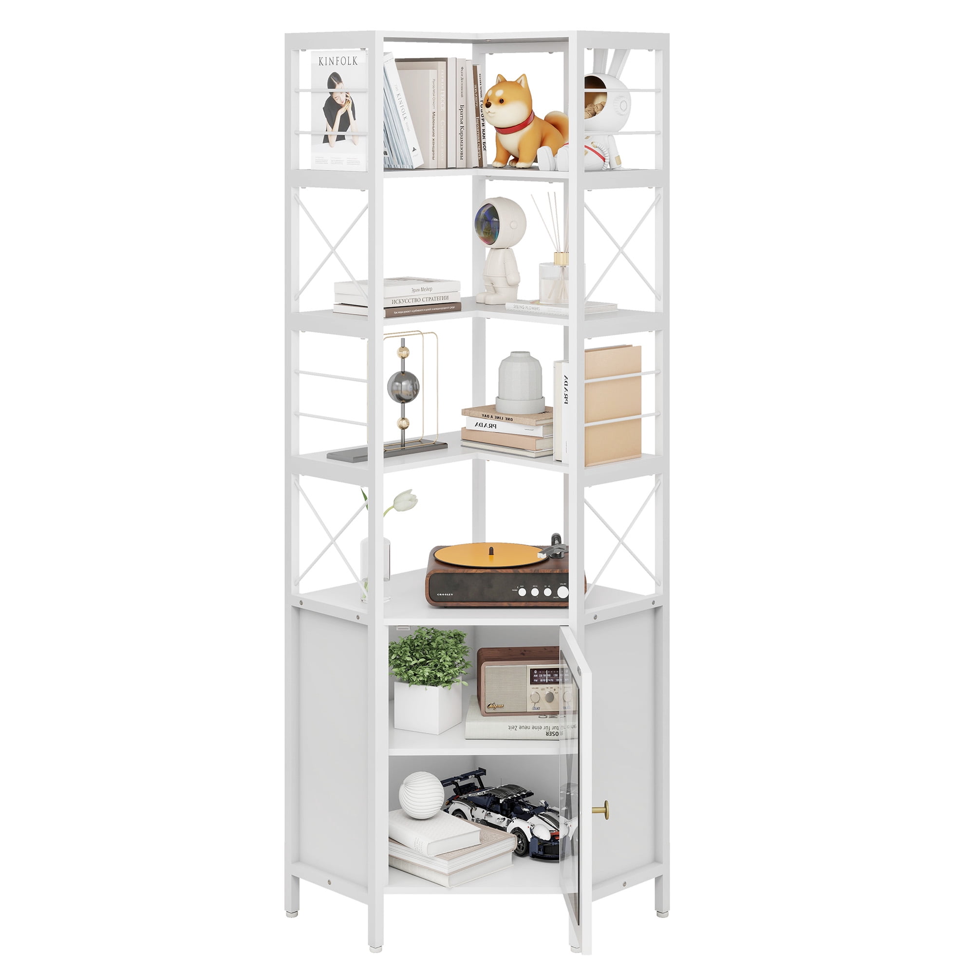Uforic 7 Shelf Bookcase with Door, Corner Bookshelf with Storage, Standing Storage Cabinet Corner Display Shelf for Living Room, Home Office, White