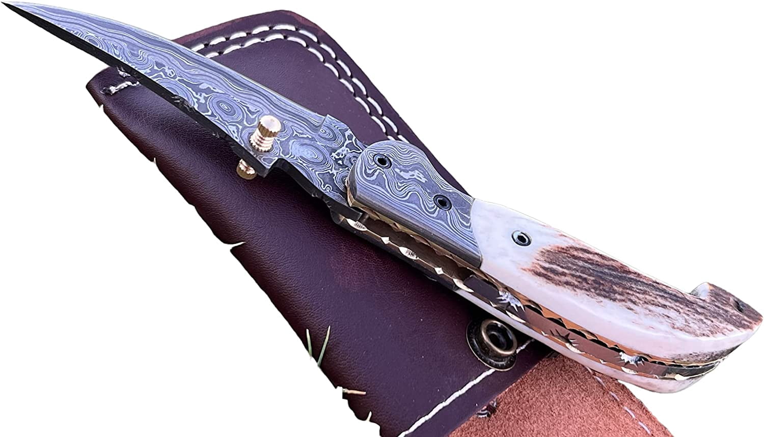 Poshland Custom Handmade 3.2" Tactical Knife with Damascus Steel Stag Horn Handle