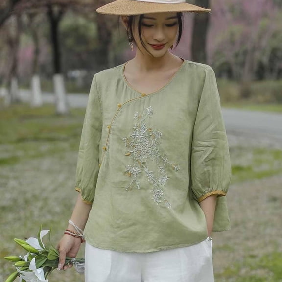 Tittly Womens Linen Tops Womens Oversized Button Down Shirts Linen Tunics for Women 3/4 Sleeve Linen Shirts For Women 2025 Cotton Summer Retro Boho Tops Vacation Blouse Green
