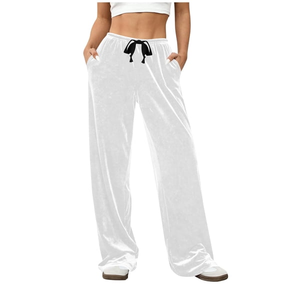 Women's Elastic Waist Velour Wide Leg Pants Long Palazzo Bell Bottom Casual Velvet Flare Jogger with Pockets White