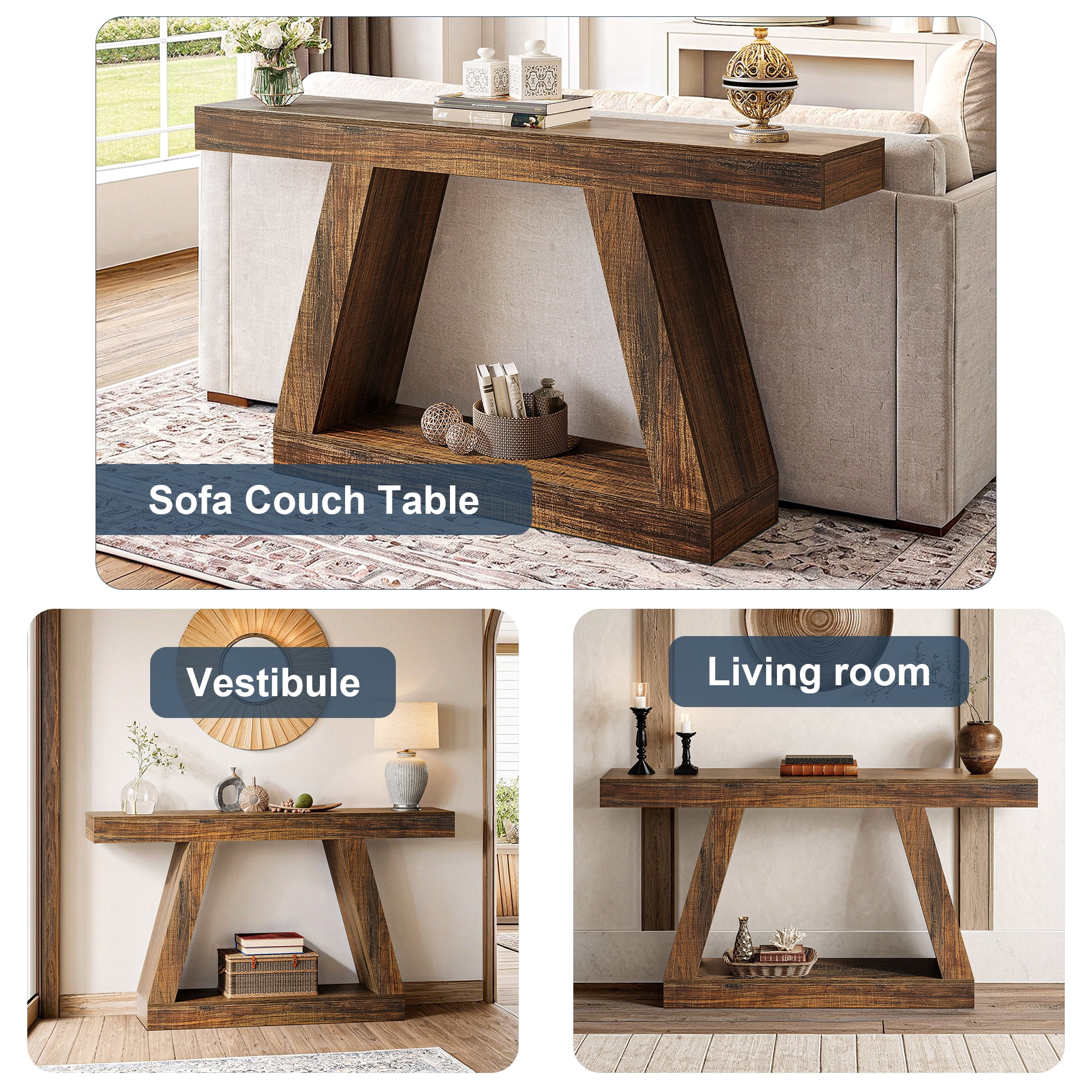 Demi Bonn Farmhouse Console Table, 55" Sofa Table with Storage for Hallway, Bedroom, Living Room, Brown