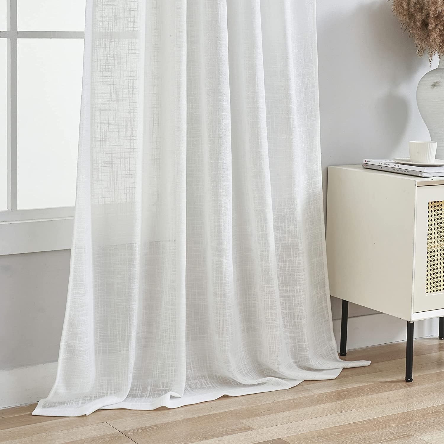 Bailu Linen Translucent Curtain Top Light Filtering Elegant Short Curtains and Curtains for Bedroom 52 x 96 inches long, 2 panels, off-white