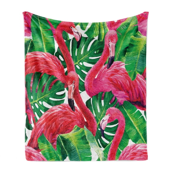 Flamingo Soft Flannel Fleece Throw Blanket, Flamingos Sitting on Macro Tropic Exotic Leaves Graphic in Retro Style Artwork, Cozy Plush for Indoor and Outdoor Use, 70" x 90", Pink Green, by Ambesonne