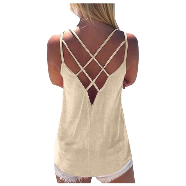 QUINDOS Débardeurs pour Femmes Grande Taille Beige Exercice Été Coton Mode Uni Camisole Col Rond Ample Sans Manches Chandail à Enfiler Hauts Blouse Camisoles pour Femmes