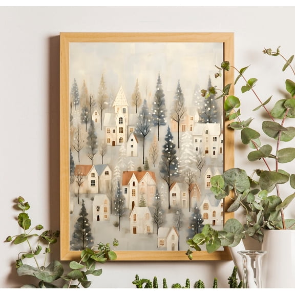 Rustic Snowy Winter Forest Poster, Vintage Winter Village, Minimalist Wall Art, Neutraldecor, Snowy Village Art, Unframed Poster Size 8x12