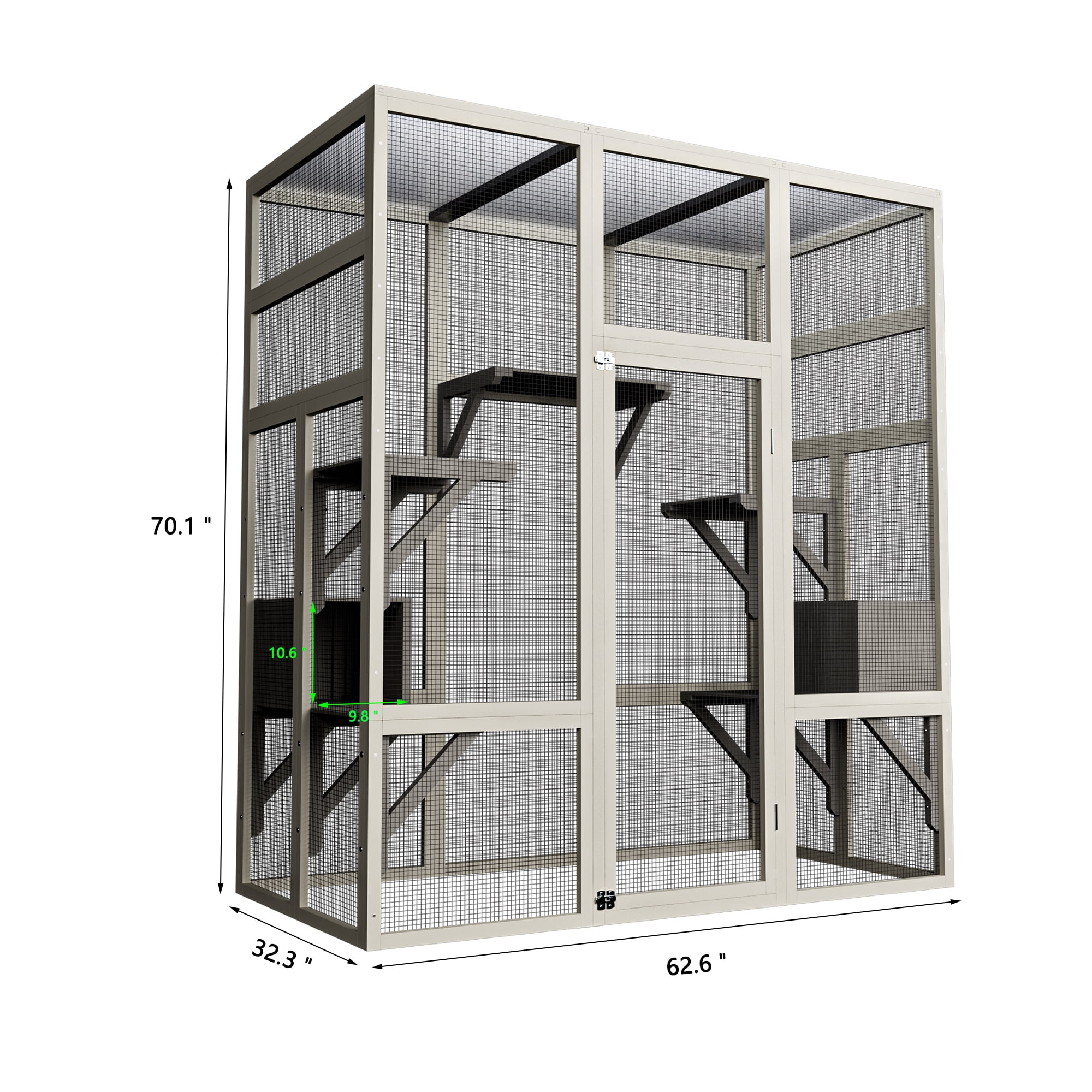 Catio Outdoor Cat Enclosure, large Indoor Wooden 70" Cat House cage with Waterproof Roof & Window Door for Multiple Cats, 2 Napping Houses & 5-Tier Playing Platforms, Gray