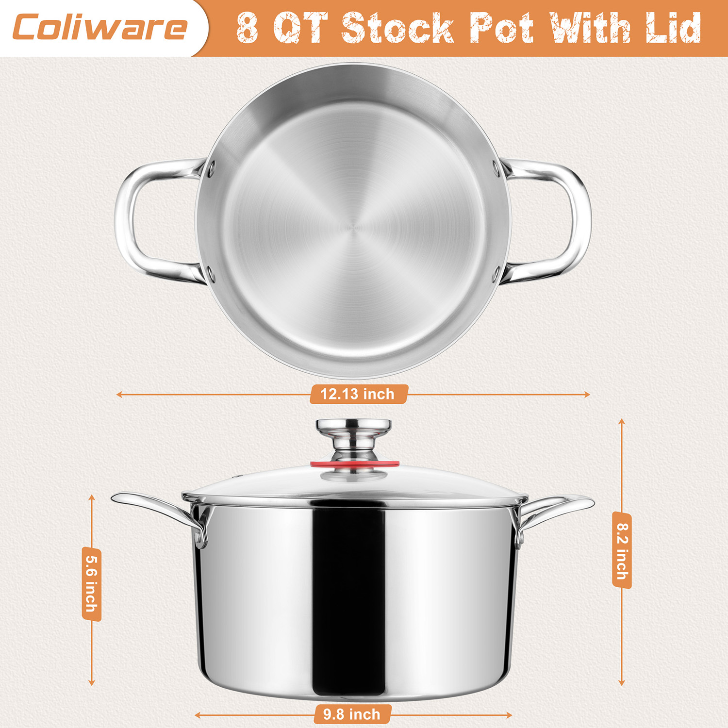 Coliware 8-Quart Stainless Steel Stock Pot with Glass Lid photo 5