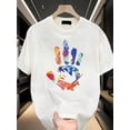 thumbnail image 1 of Camiseta informal retro para hombre, 100 % algodón, colección de verano, diseño gráfico artístico con estampado de manos, corte holgado, manga corta para adolescentes, estampado vibrante de salpicadur, 1 of 6