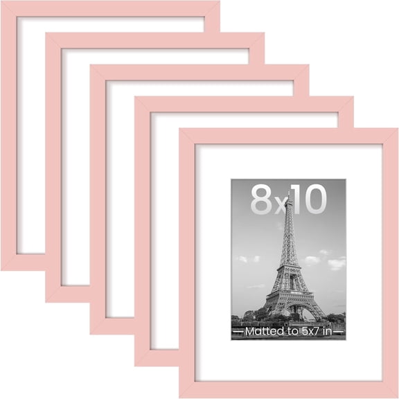 8x10 Picture Frame Set of 5, Display Pictures 5x7 with Mat or 8 x 10 Without, Wall Gallery Photo Frames, Pink
