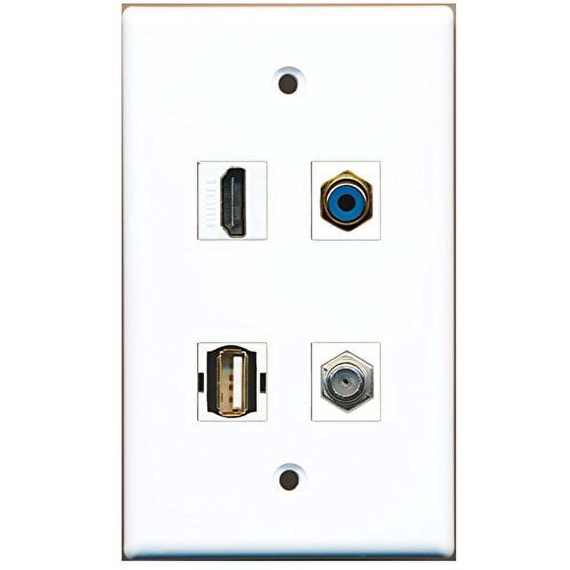 RiteAV - 1 Port HDMI 1 Port RCA Blue 1 Port Coax Cable TV- F-Type 1 Port USB A-A Wall Plate