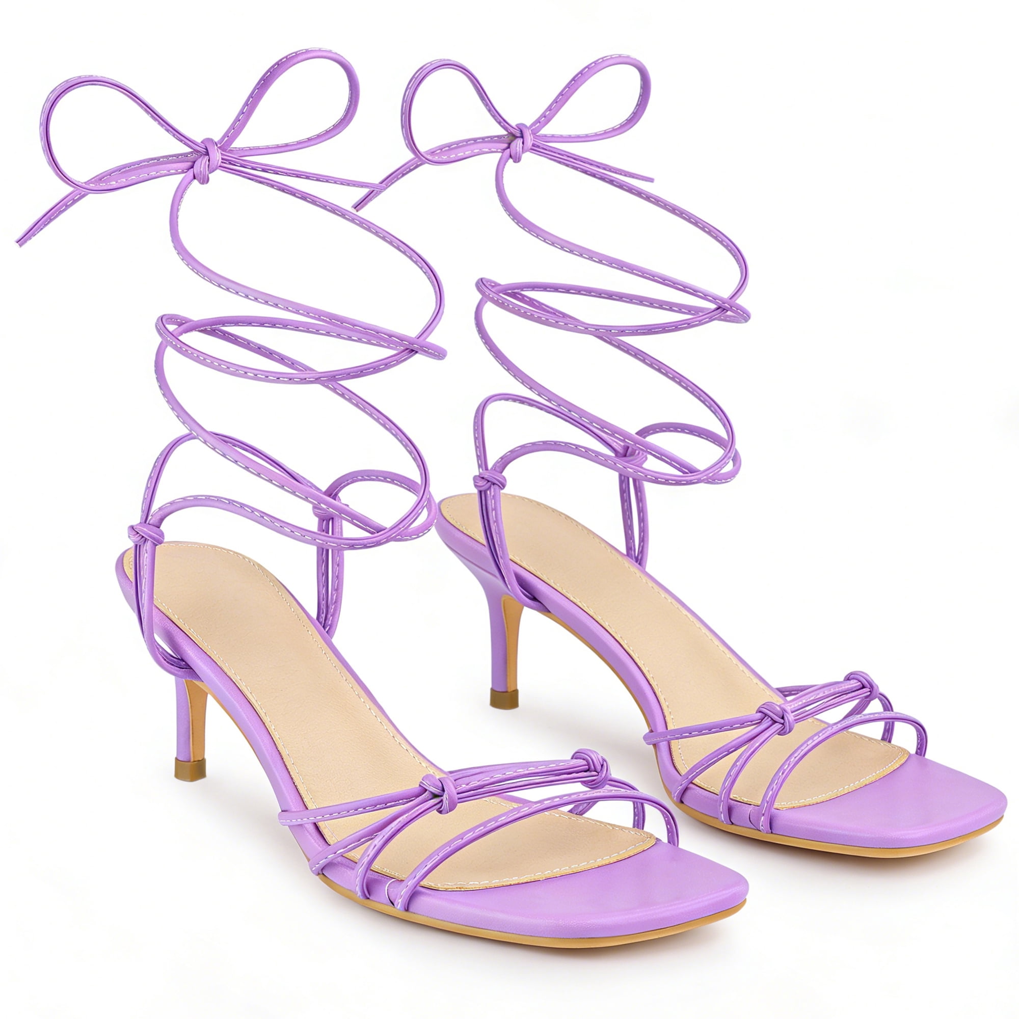 DARING DIVA Women's Knot Lace Strappy Square Toe Kitten Heel Sandals Purple 6