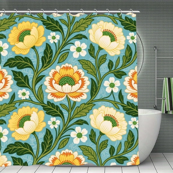 Green Flowers Chinoiserie Print Shower Curtain,Modern Fabric Waterproof Shower Curtain Set with Hooks 70.8×70.8Inch (180×180cm)