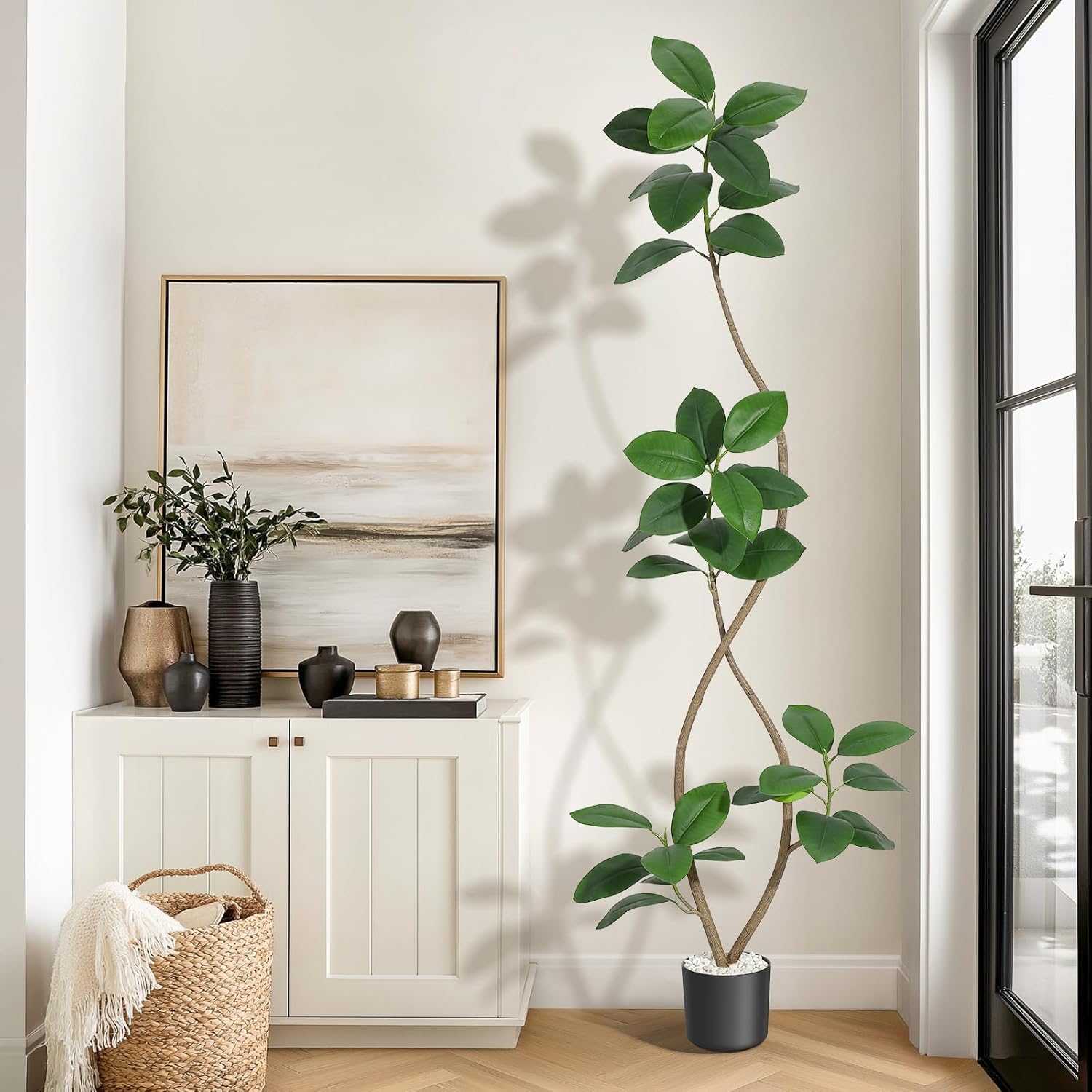 7FT Artificial Plants Rubber Tree with Black Resin Pot& White Stone Faux Tree Indoor Artificial Trees Tall Plant Fake Tree Tropical Large Floor Tree Real Touch for Home Decoration