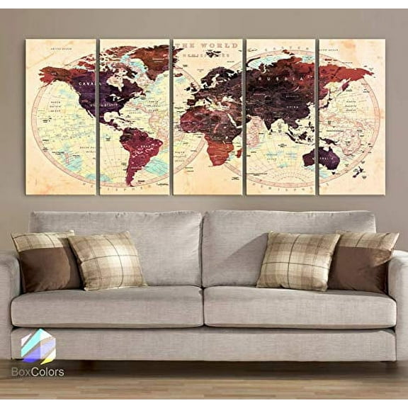 Original by BoxColors Xlarge 30"x 70" 5 Panels 30x14 Ea Art Canvas Print Watercolor Brown Beige Old Map World Push Pin Travel Wall decor (framed 1.5" depth) M1818