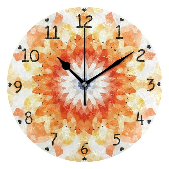 Orange Geometric Flower Round Wall Clock Silent Battery Operated Home Decor for Living Room Bedroom