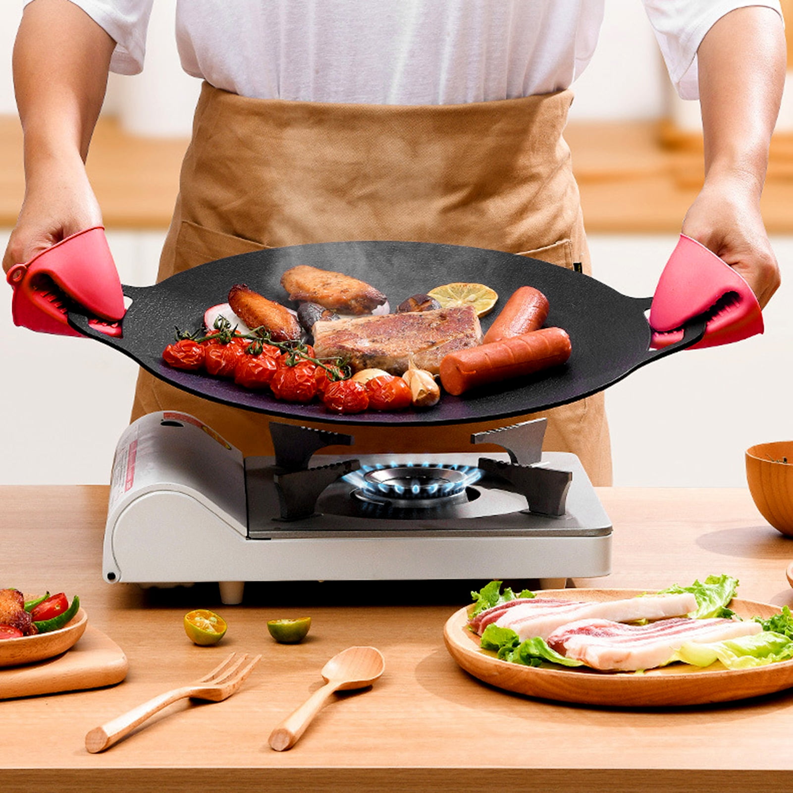Opvise Large Cast Iron Baking Tray, Multi-Purpose Grill Pan with Removable Legs & Handles, Premium Round Oven Dish for BBQ, Camping, Kitchen, Even Heat Distribution, Non-Stick, Family-Sized