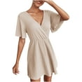 thumbnail image 1 of Bigersell Robes de Soirée pour Femmes 2023 Robe à Col en V pour Femmes Mode Décontractée à Enfiler Manches Courtes Couleur Ample Taille Mi-Haute Robe Grande Taille pour Femmes Effet Portefeuille, Style 13186, Beige TP, 1 of 8