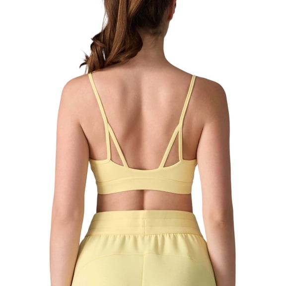 Arlun Womens Soft Strappy Sports Bras Thin Padded Spaghetti Straps Gym Workout Sleeveless Crop Tank Tops Solid Color Stylish Backless Bralettes for Running and Fitness Yellow XL