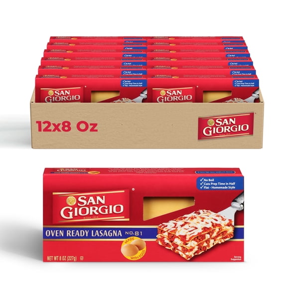 San Giorgio Oven Ready Lasagna Pasta, 12 Pack (8 oz Boxes), No Boil Lasagna Noodles for Easy Layered Meals