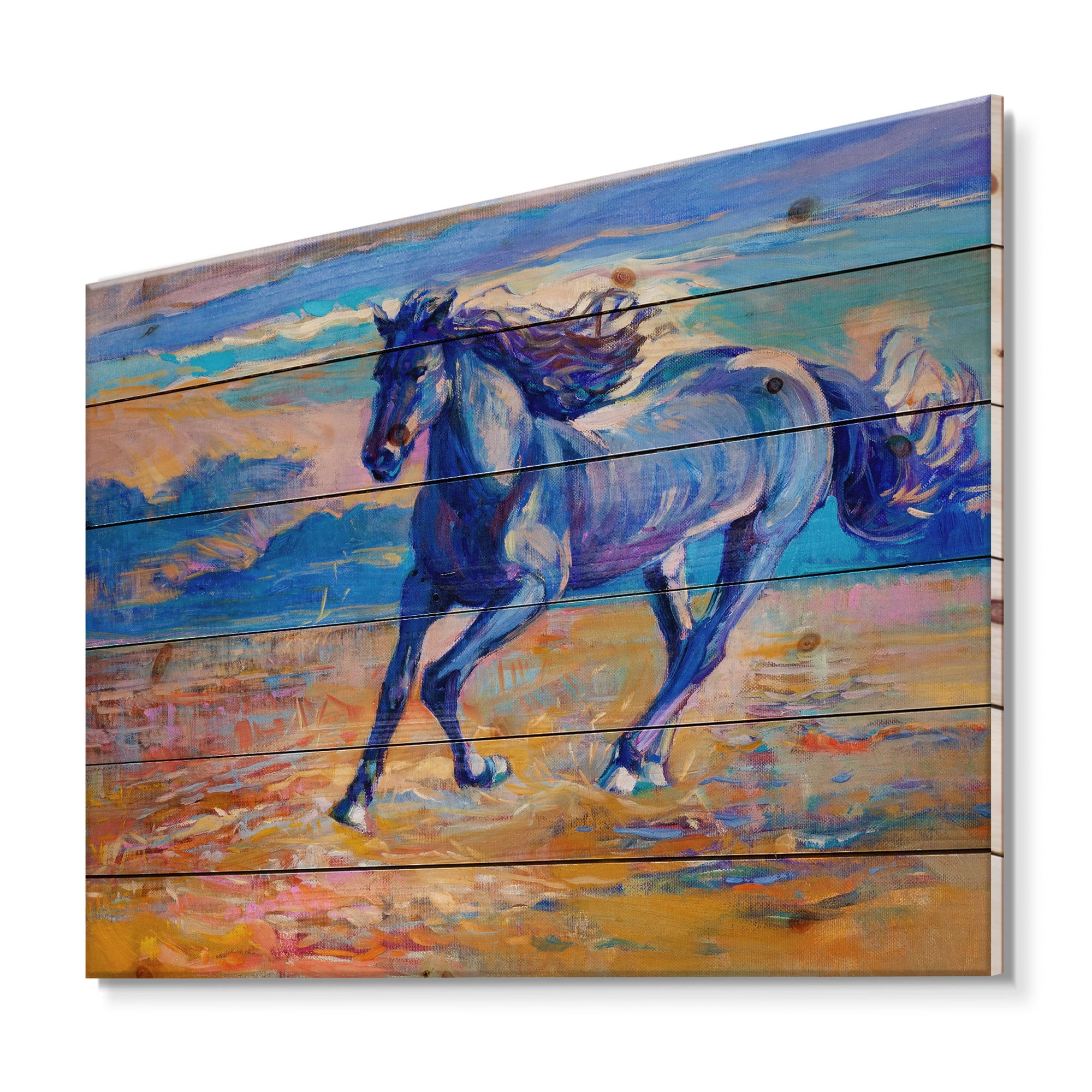 Designart 'Abstract Blue Horse Galoping Over The Prairie' Farmhouse Print on Natural Pine Wood