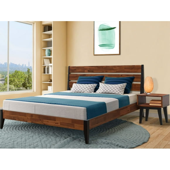 Acacia Emery Solid Wood Bed with High Headboard Platform Bed, Bedroom Furniture Set Queen Bed with Nightstand, High Headboard Quick & Easy Assembly Works with A Variety of Mattresses, Americano