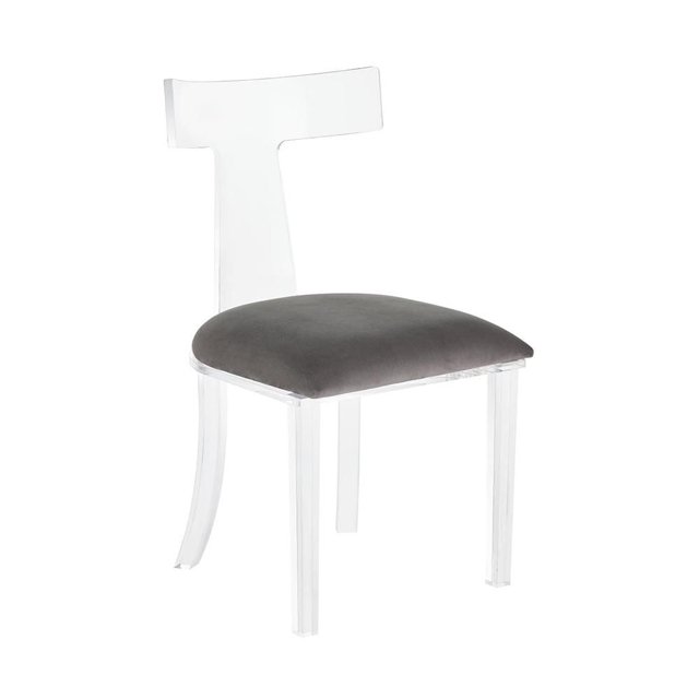 Armless dining chair featuring a transparent acrylic frame and a plush dark gray velvet seat.