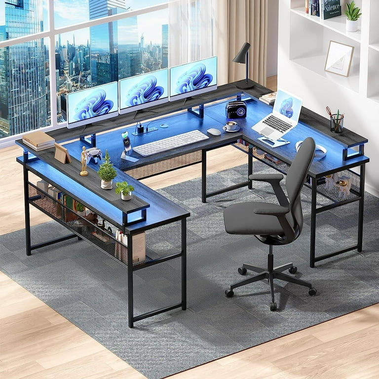 83 U Shaped Desk with Hutch, Reversible L Shaped Computer Desk